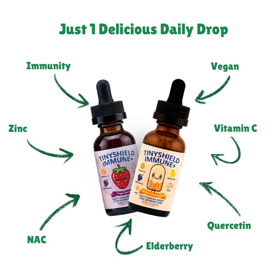 TinyShield daily drop ingredients — NAC, Zinc, Vitamin C, Quercetin, Elderberry