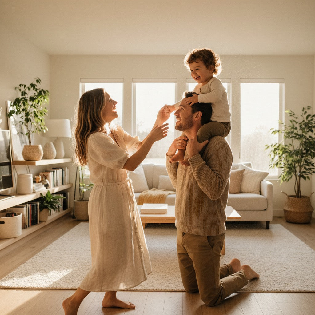 Family moment — parents and toddler at home