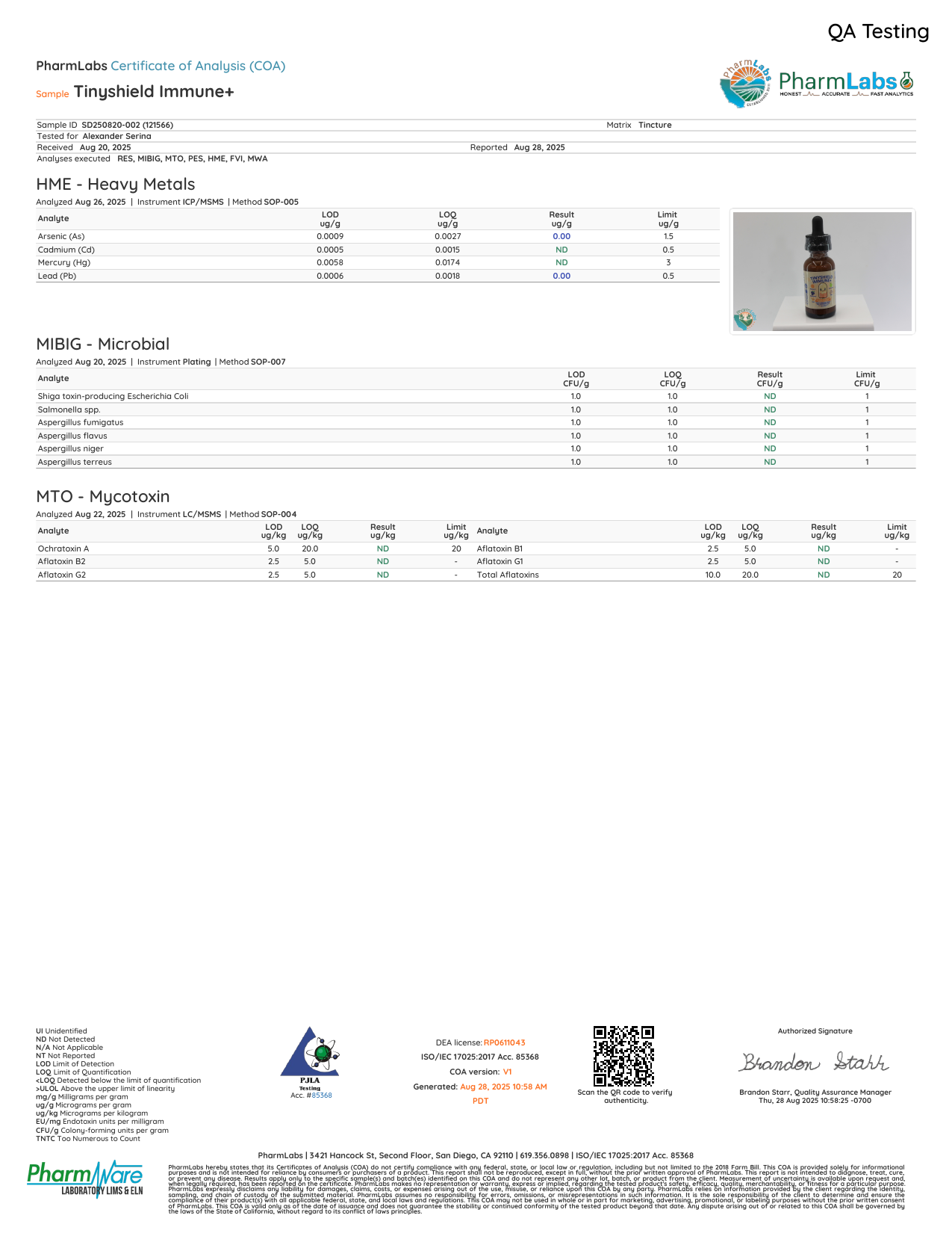 TinyShield Immune+ Certificate of Analysis, page 1